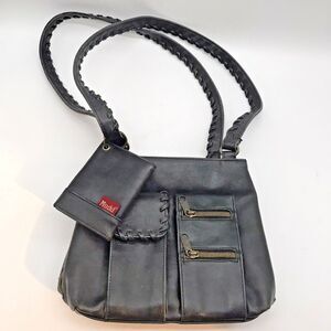 Vintage Y2K Mudd Leather Double Handle Shoulder Bag Black Purse & Card Holder